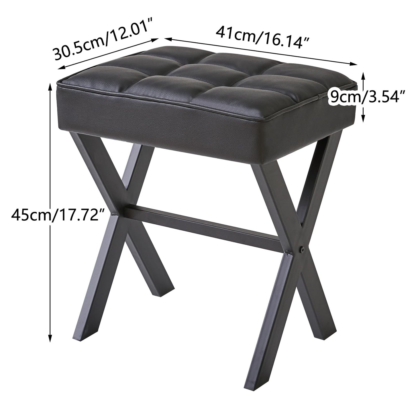 IBUYKE Square Makeup Stool with X-Leg Foot Rest, PU Footrest, Ottoman Seat Vanity Stool, Multi-Use as Small Side Table, for Bedroom, Living Room, Black LG-71B