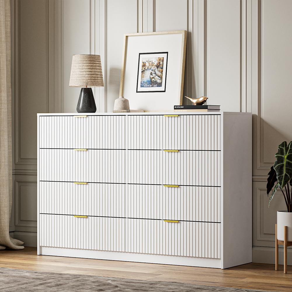 MAISONARIA White Dresser for Bedroom, 8 Drawer Double Dresser, Modern Chest of Drawers for Bedroom, Living Room, Entryway and Closet, 55" L x 15.7" D x 37.4" H