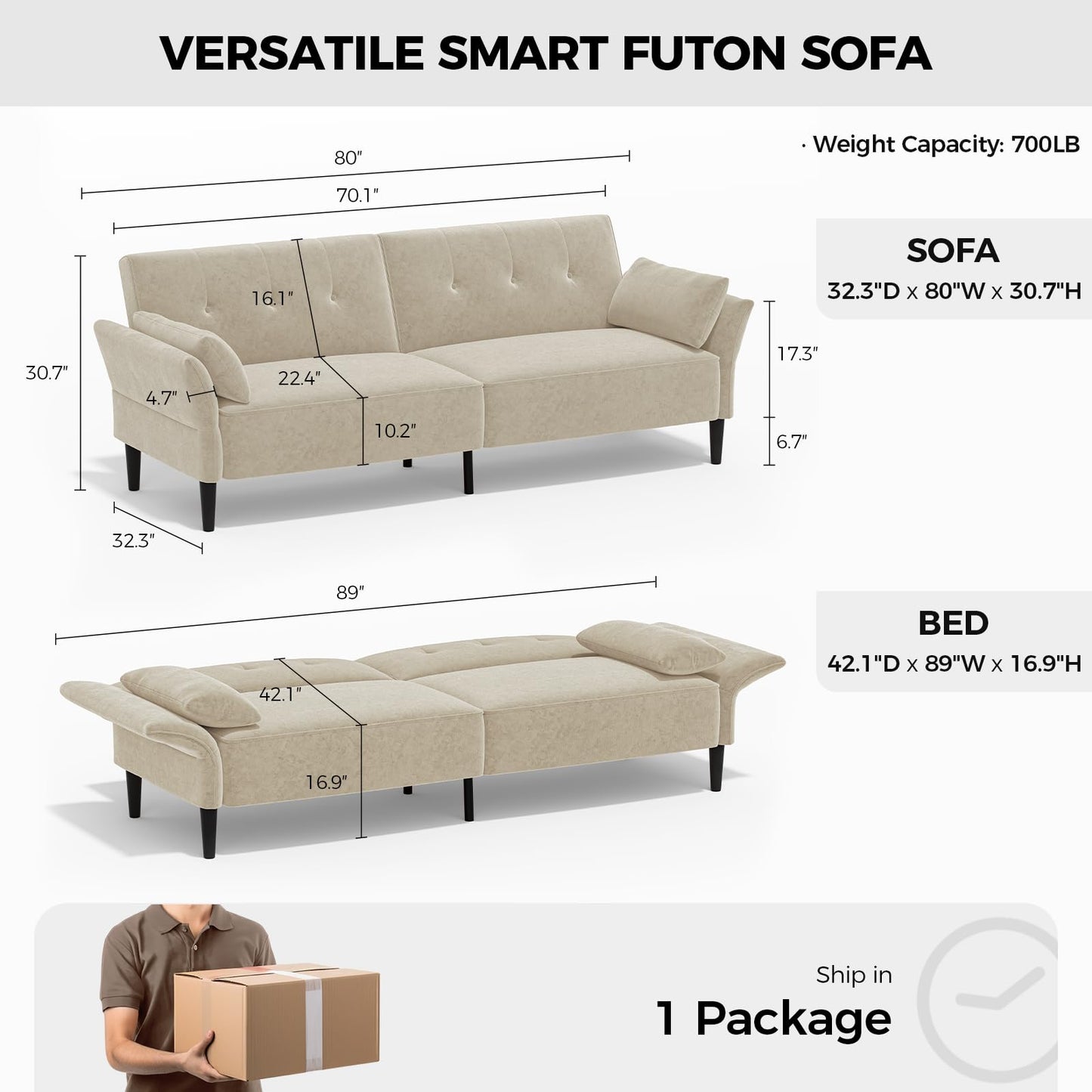 COPIAE 89” Futon Sofa Bed, Velvet Fabric Comfy Futon Couch Bed with 2 Square Pillows, Convertible Sleeper Sofa with Adjustable Backrest& Armrests, Modern Loveseat Sleeper for Living Room, Beige
