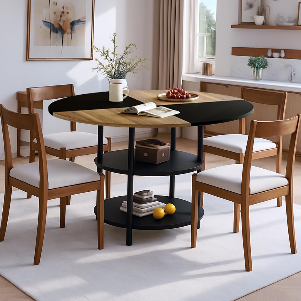 CLLASOU Round Dining Table for 4-6, Dining Room Table with Storage Shelf, Modern Wood Dinner Table with Metal Support for Dining Room, Living Room, Kitchen, Black & Rustic