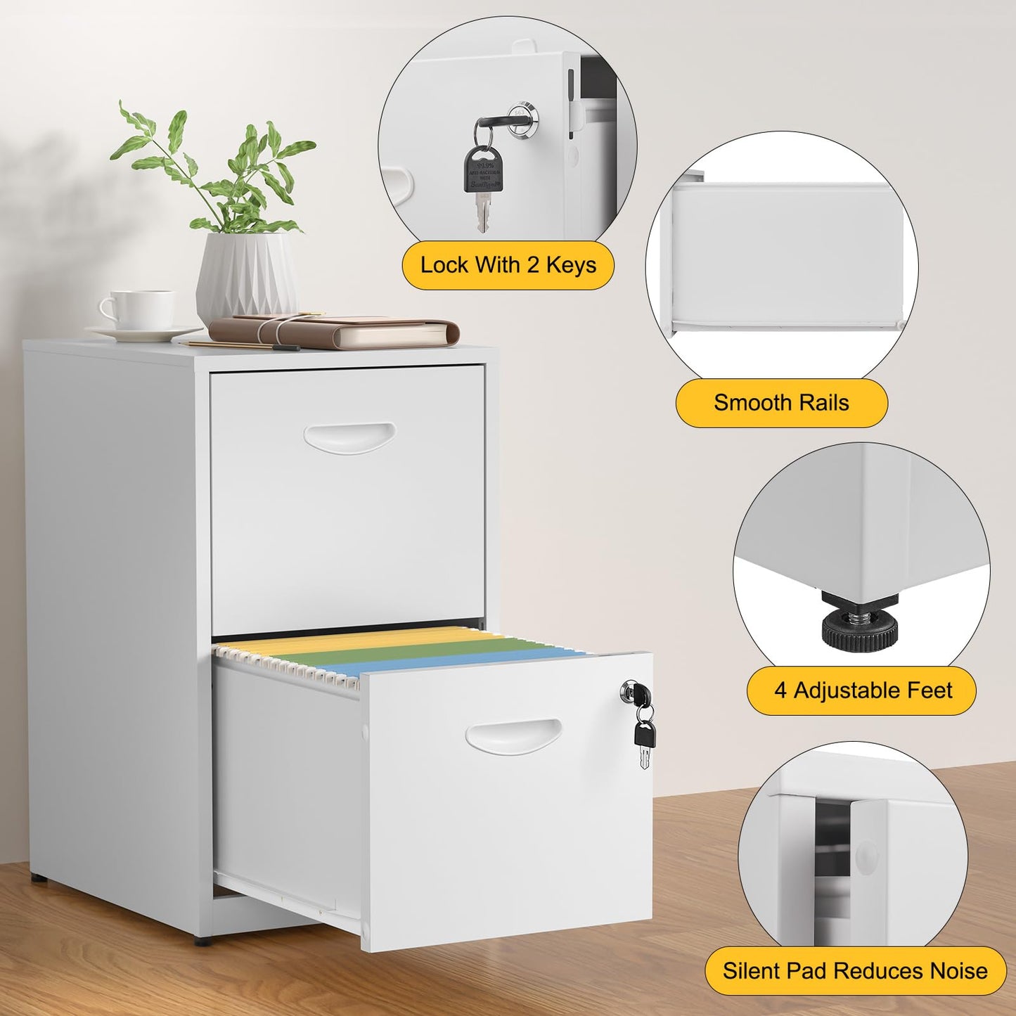 SteeLoong 2 Drawer File Cabinet with Lock,White Metal Office Drawers Filing Cabinets for Home Office, Two Drawer Under Desk File Cabinet for Hanging Letter,Easy Assemble