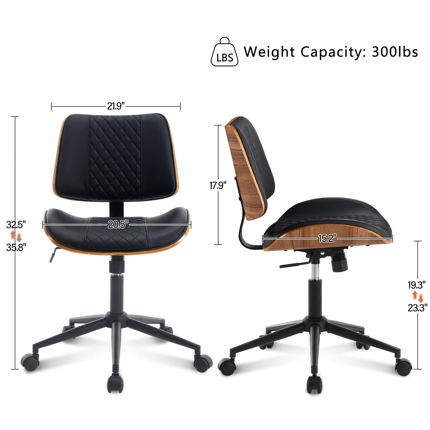 BV Small Desk Chair, Mid Century Office Chair with Bentwood Back, Armless Task Swivel Chair with Wheels, Mid Back No Arms, Faux Leather Office Chairs for Small Space, Black