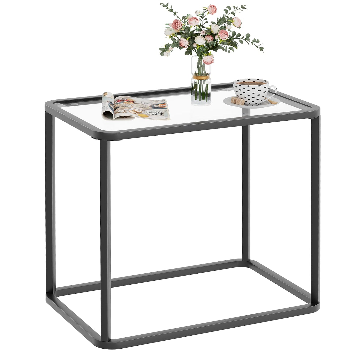 Garden 4 you Glass Side Table, Rectangle End Table with Metal Frame, Modern Bedside Table for Office, Bedroom, Living Room, Study, Small Spaces,Easy Assembly,23.6x15.7x20.8 Inches,Black