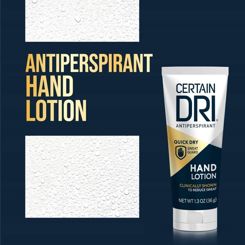 CERTAIN DRI Antiperspirant Hand Lotion – 24-Hour Sweat Protection for Excessive Sweating & Palmar Hyperhidrosis – Fast-Drying, Non-Greasy, Fragrance-Free Formula – Dermatologist-Tested, (1.3 oz)