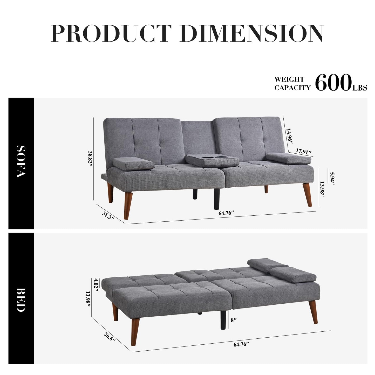 COLAMY Futon Sofa Bed-Fabric Small Couch, Small Lounge Convertible with 2 Cup Holders, Removable Soft Armrest, Adjustable Backrest for Dorm/Bedroom/College