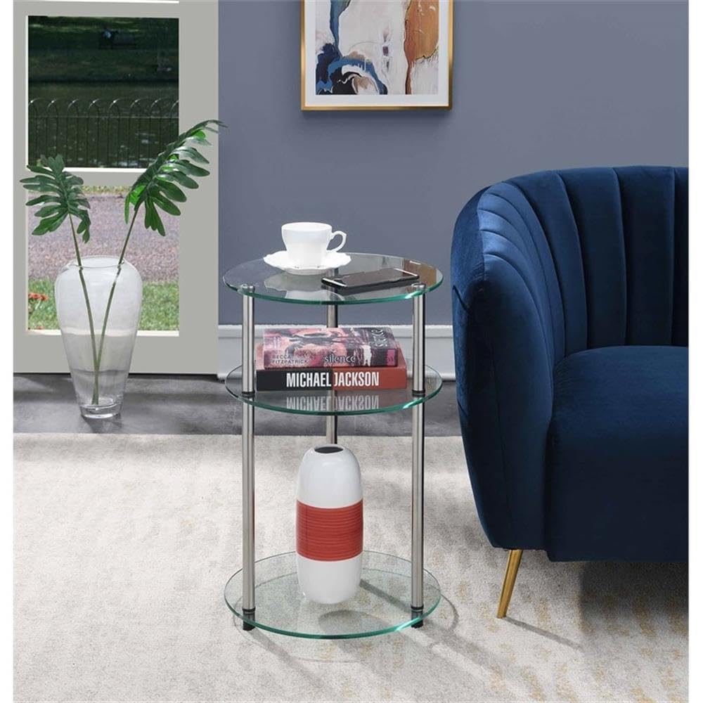 Convenience Concepts Designs2Go Classic Glass 3-Tier Round End Modern Contemporary Side Table with Storage Shelves for Living Room, Bathroom, Bedroom, 15.75"