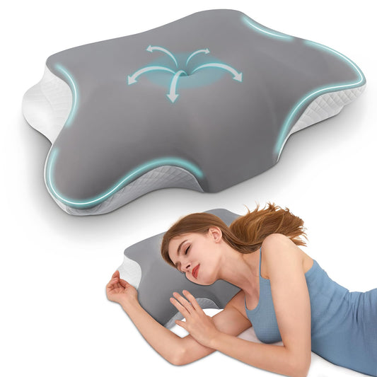 Cervical Pillow for Neck and Shoulder Pain Relief, Ergonomic Side Sleeper Pillow for Back Stomach Sleeping, Memory Foam Contour Neck Support Pillows with Cooling Pillowcase (Grey)