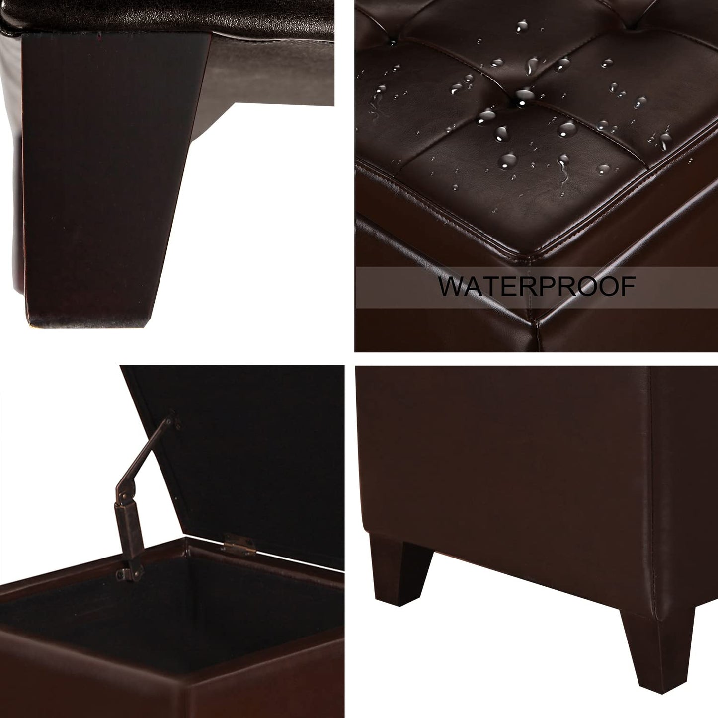 Decent Home Tufted Leather Square Storage Ottoman, Lift Top Cube Footstool with Hinged Lid Footrest with Wood Legs (Brown)