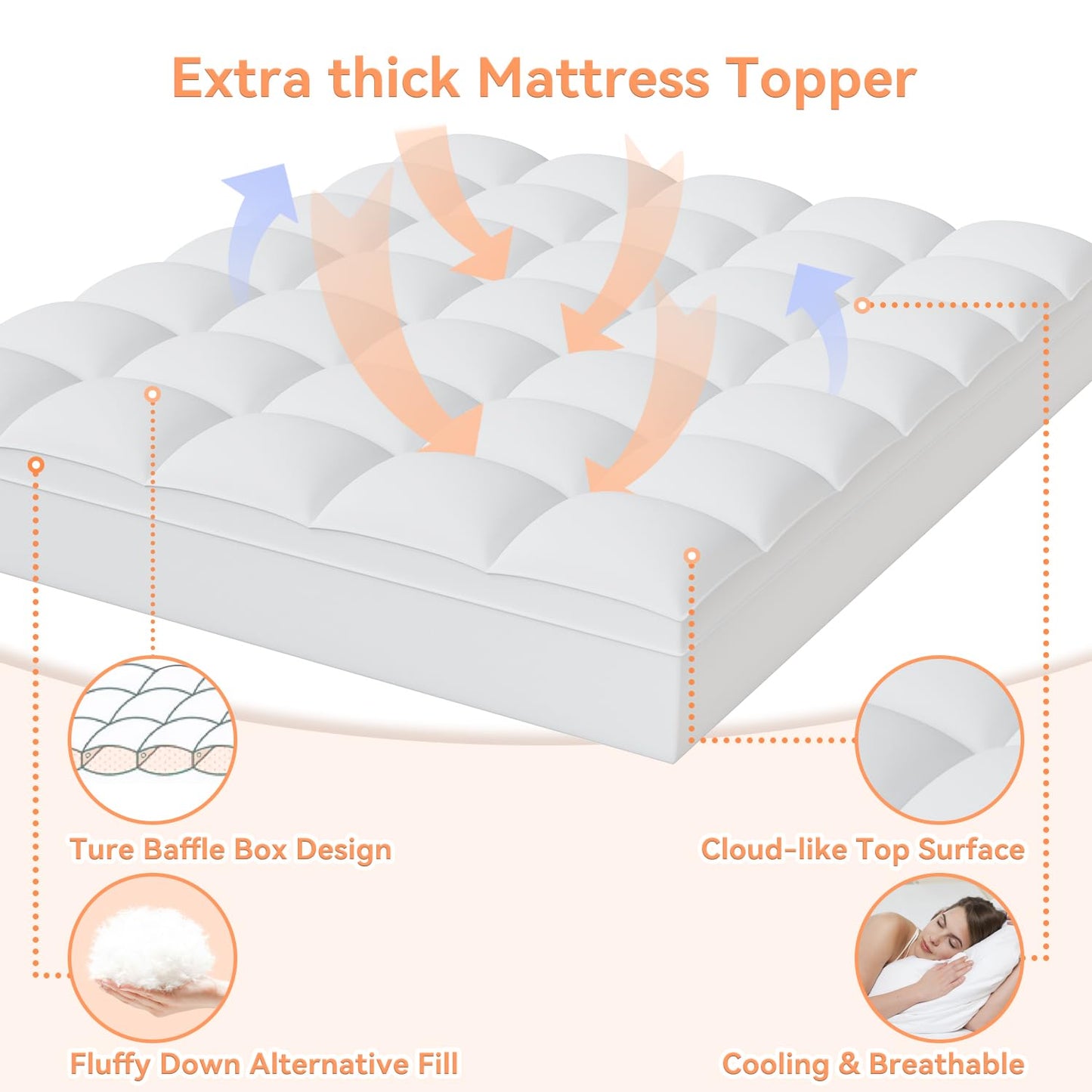 Topllen Queen Mattress Topper for Back Pain Relief, Extra Thick Pillow Top Plush Mattress Pad with Deep Pocket, Soft Pillowtop Queen Size Bed Toppers Filled Fluffy Down Alternative, White