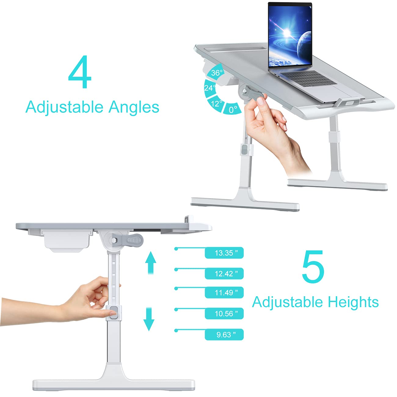 Laptop Bed Tray Desk, Foldable and Adjustable Lap Table with Heights and Angles, Upgraded-Sturdy Laptop Lap Desk for Bed/Sofa/Couch/Floor (2 Drawers, X-Large, Grey)