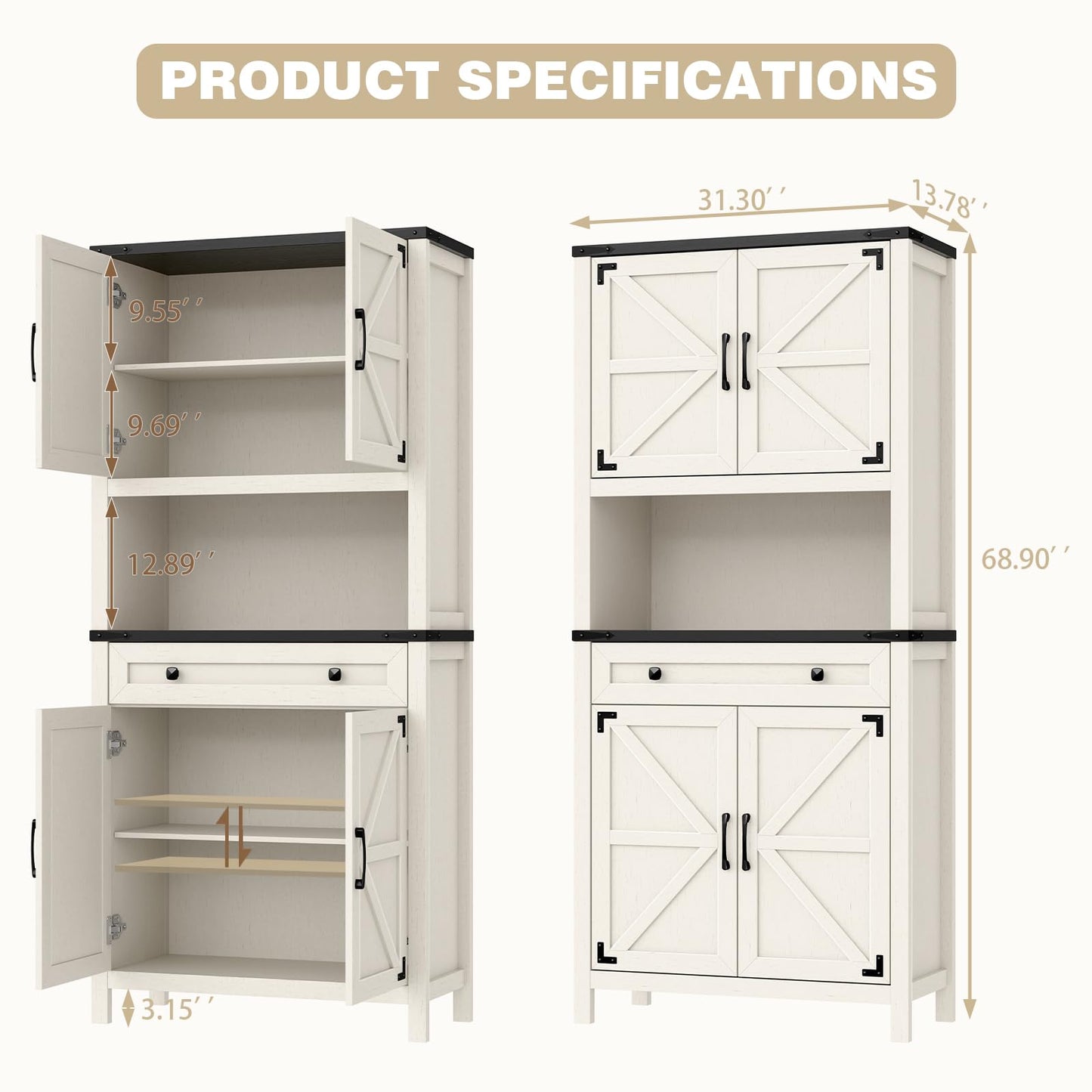 Befrases 72" H Tall Farmhouse Storage Cabinet with Drawer, 6 Tier Kitchen Pantry Organize with 4 Barn Door and Adjustable Shelf, Microwave Stand for Kitchen, Garage, Living, Utility Room, Black