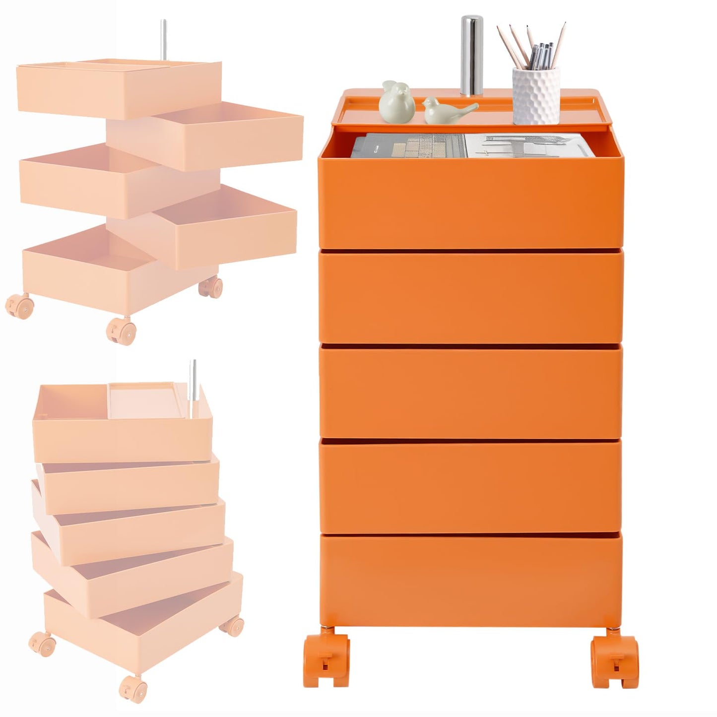 Namiose 360° Movable Rotating Storage End Table Sofa Side Cabinet Laptop Bedside Table with 5 Tiers Shelves 4 Universal Casters for Living Room Bedroom Sofa Dormitory (Orange)