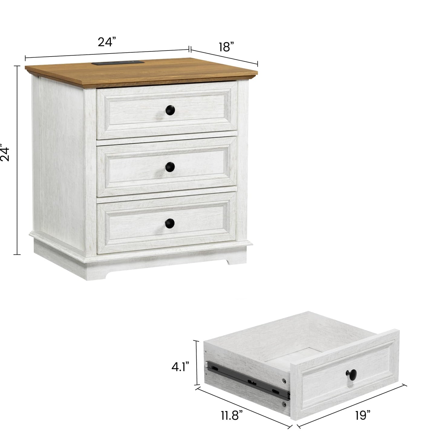 Nightstand with Charging Station, 24” Wide End Table with 3 Drawers, Modern Bedside Table with Storage, Wood Small Dresser for Bedroom Living Room. (White)