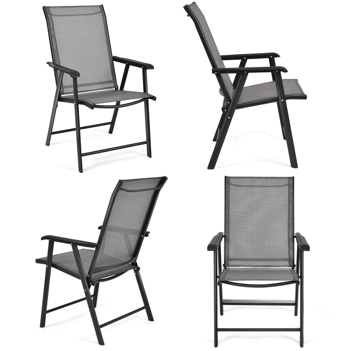 Giantex Set of 4 Folding Patio Chairs, Outdoor Portable Dining Chairs for Garden Camping Poolside Beach Deck Lawn, 4-Pack Sling Armchairs, Metal Frame, Grey