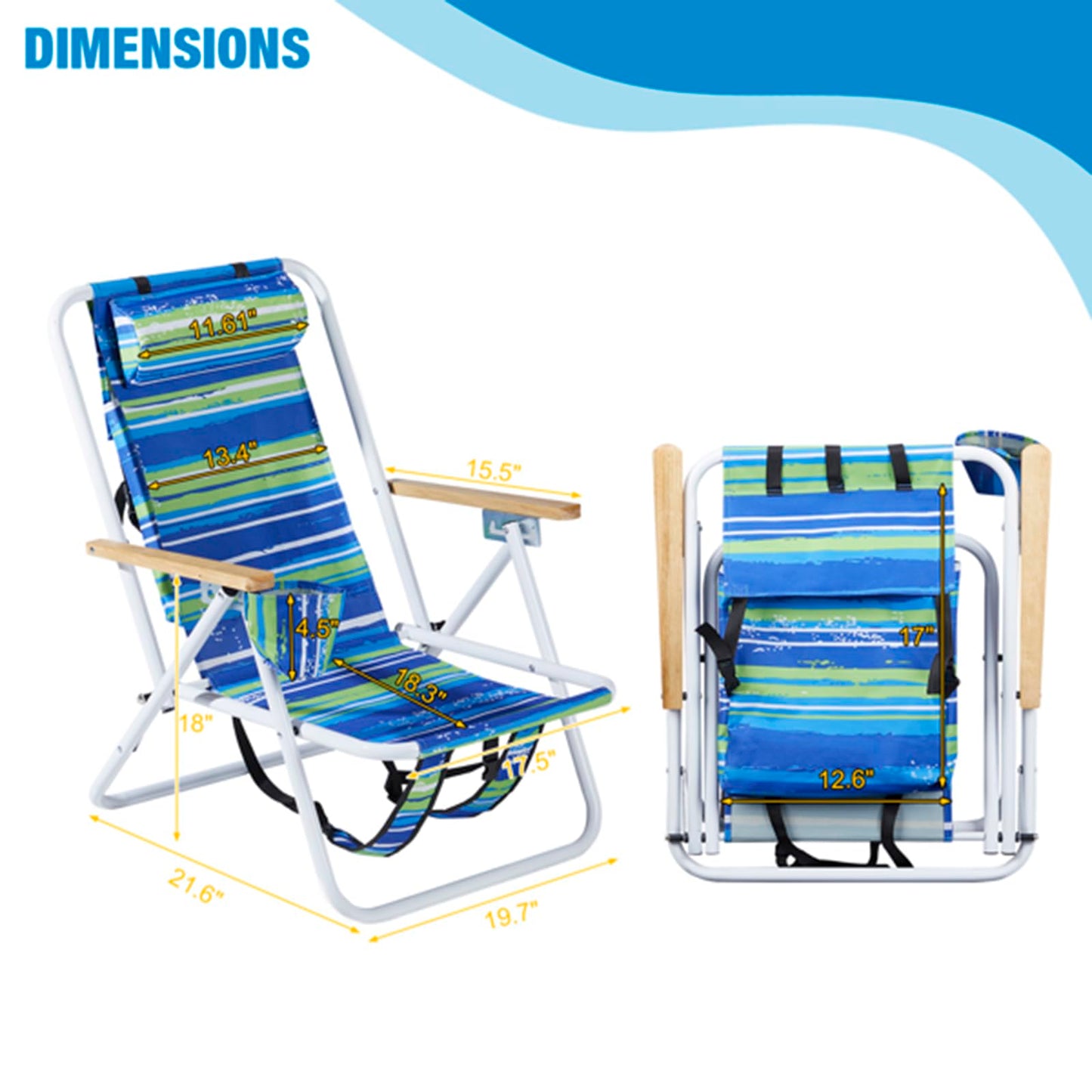 Folding Beach Chair Set for Adults,4 Position Portable Backpack Foldable Camping Chair with Headrest Cup Holder and Wooden Armrests,Adjustable high Beach Lounge Chairs for Outdoor (1PCSStripes)
