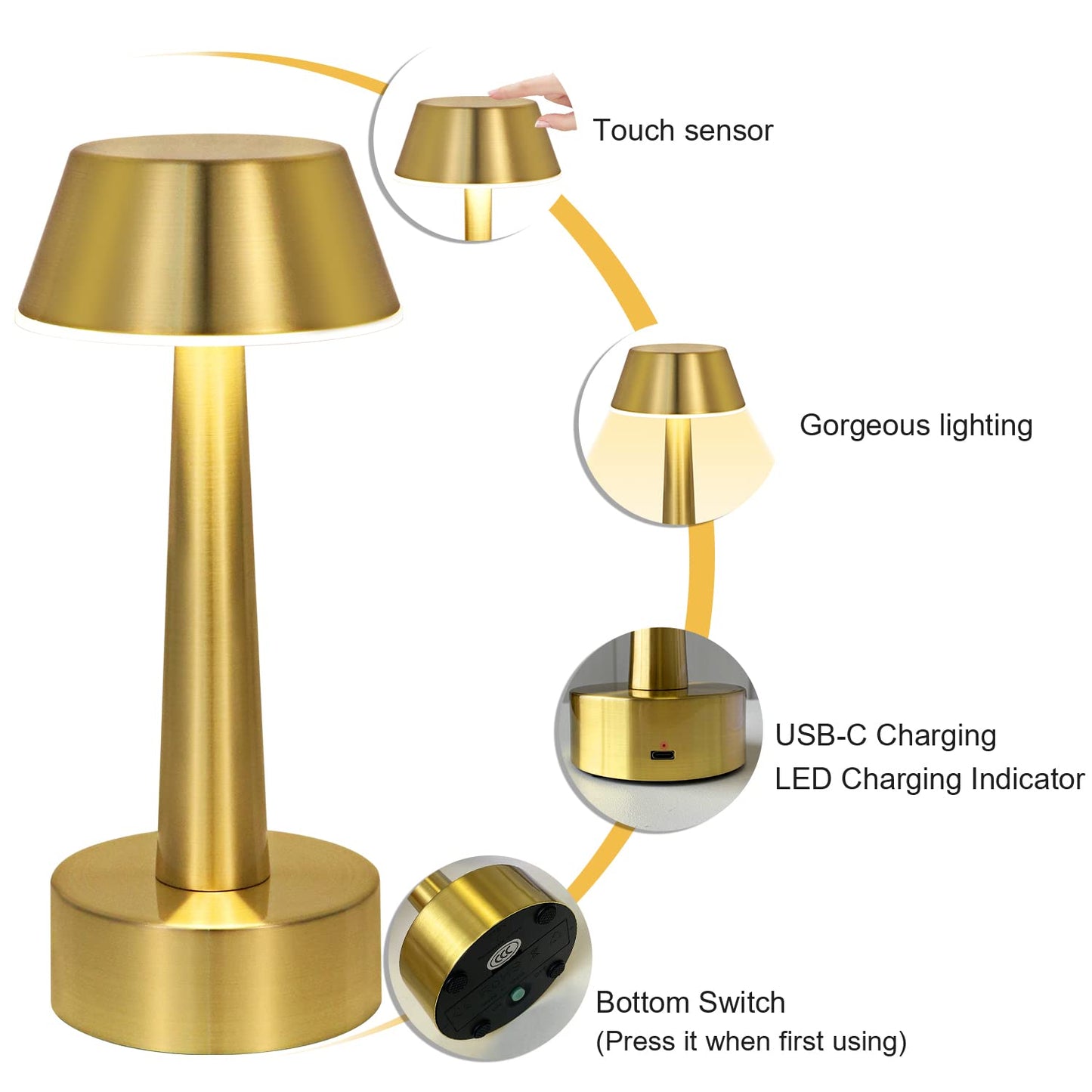 UMEXUS Cordless Small Table Lamp for Bar Restaurant, Rechargeable Battery Operated Touch Lamps, Gold 3-Way Dimmable Metal Portable Bedside Mini Night Light for Outdoor, Home Decor