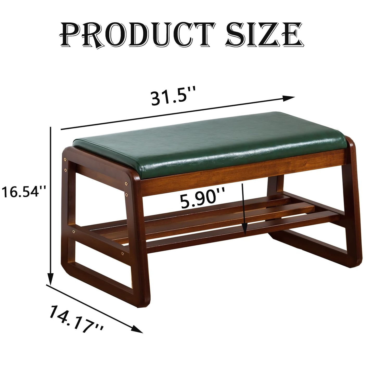 latifolia Solid Wood Bench, Entryway Shoe Bench with Cushion, 2 Tier Shoe Storage Organizer for Hallway, Living Room(Green,31.50''L)