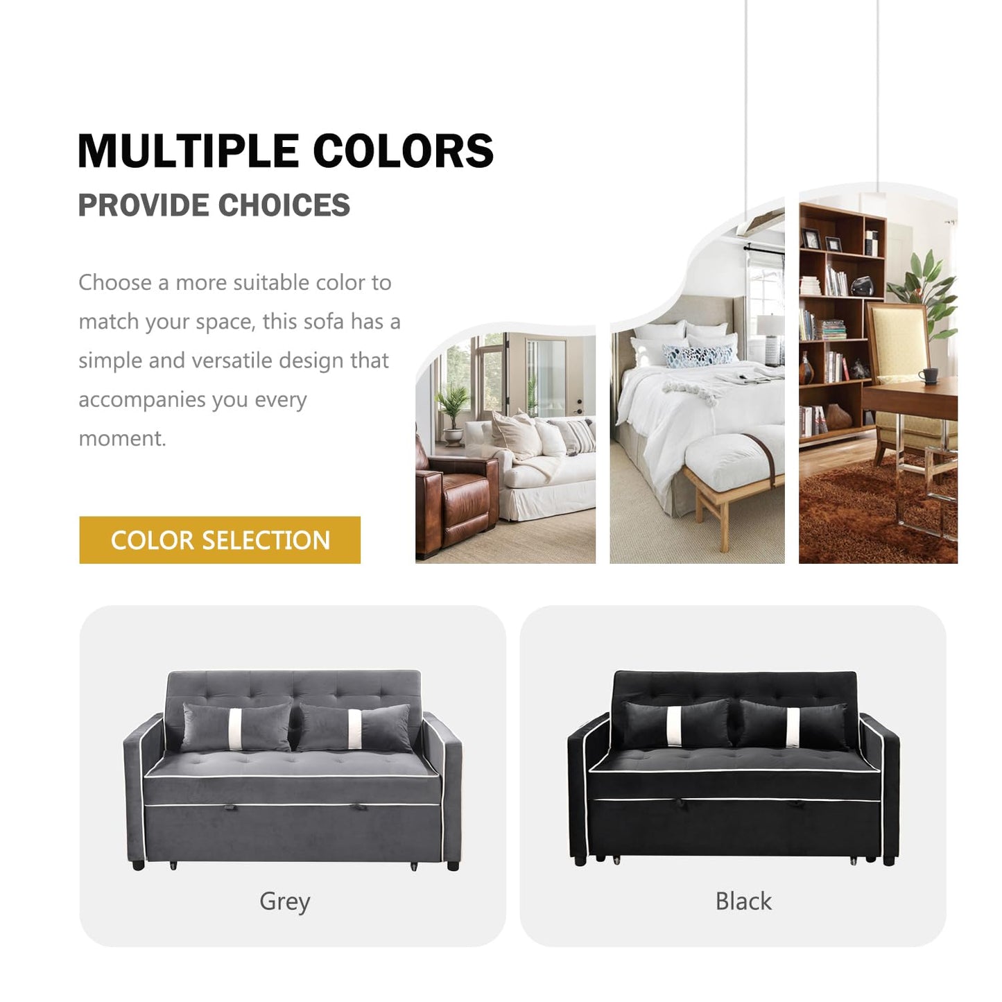 Black Couch Bed, Sleeper Sofa Couch with Pullout Bed Small Couches for Small Spaces, Convertible Futon Sofa Bed, Adjustable Backrest and Pillows, Built-in Side Storage Pockets,Tufted Design