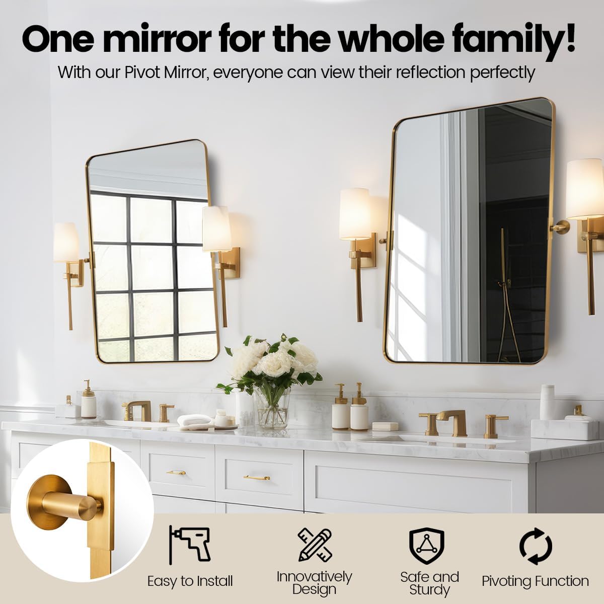 ANDY STAR 20"x30" Brushed Gold Pivot Mirror for Bathroom, Brass Metal Frame Bathroom Mirrors for Wall，Rectangle Titling Vanity Wall Mirror with Rounded Corner Design Hangs Vertically Only