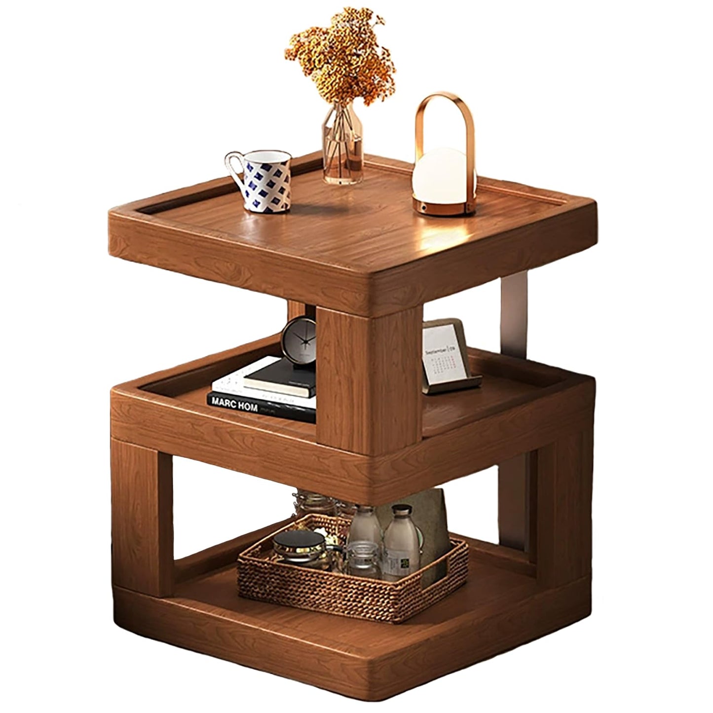 Solid Wood Nightstand,End Tables Bedroom Small Shelf Modern Nightstand Wood Side Table (Walnut Brown-21.3 * 15.8 * 15.8)