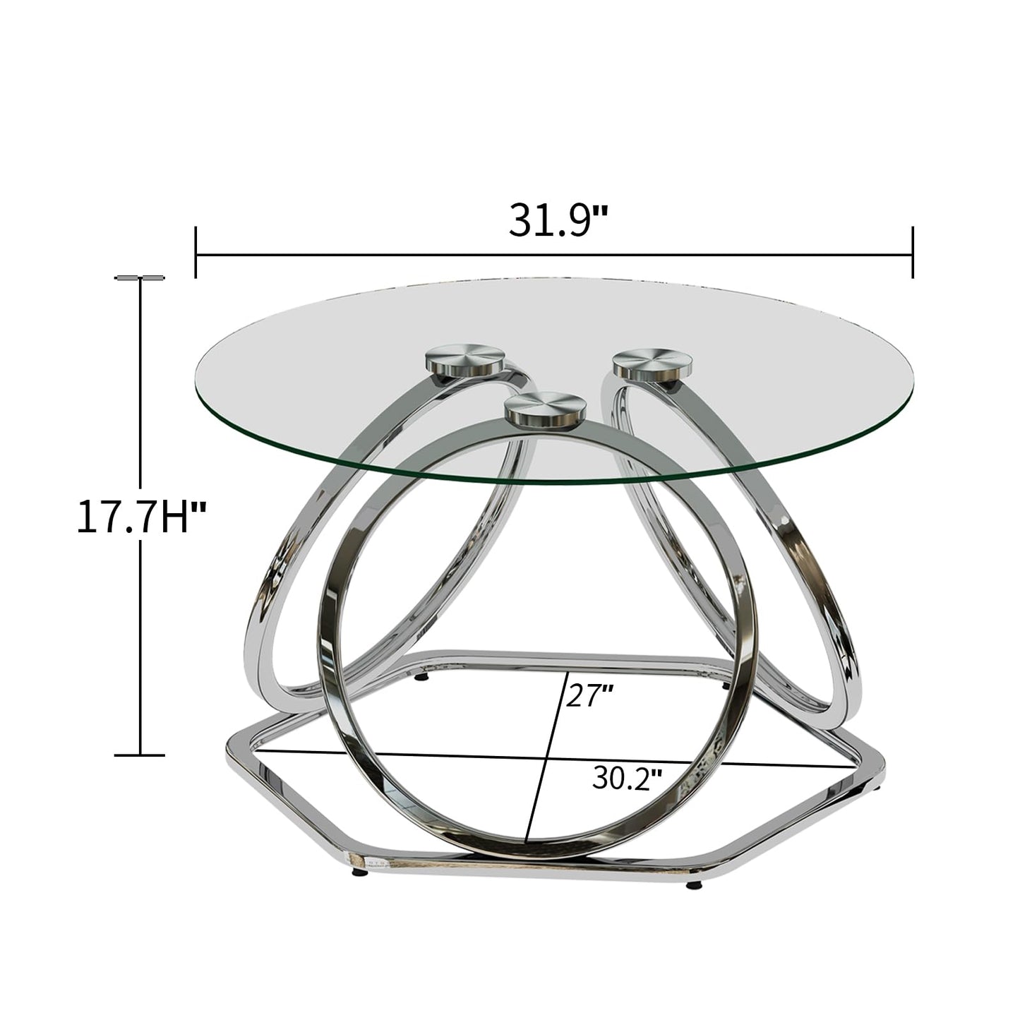 O&K FURNITURE Glass Coffee Table, Modern Silver Coffee Table Living Room Table with Hexagonal Base, Round Coffee Table for Home&Office, Chrome Finish, 1 PC