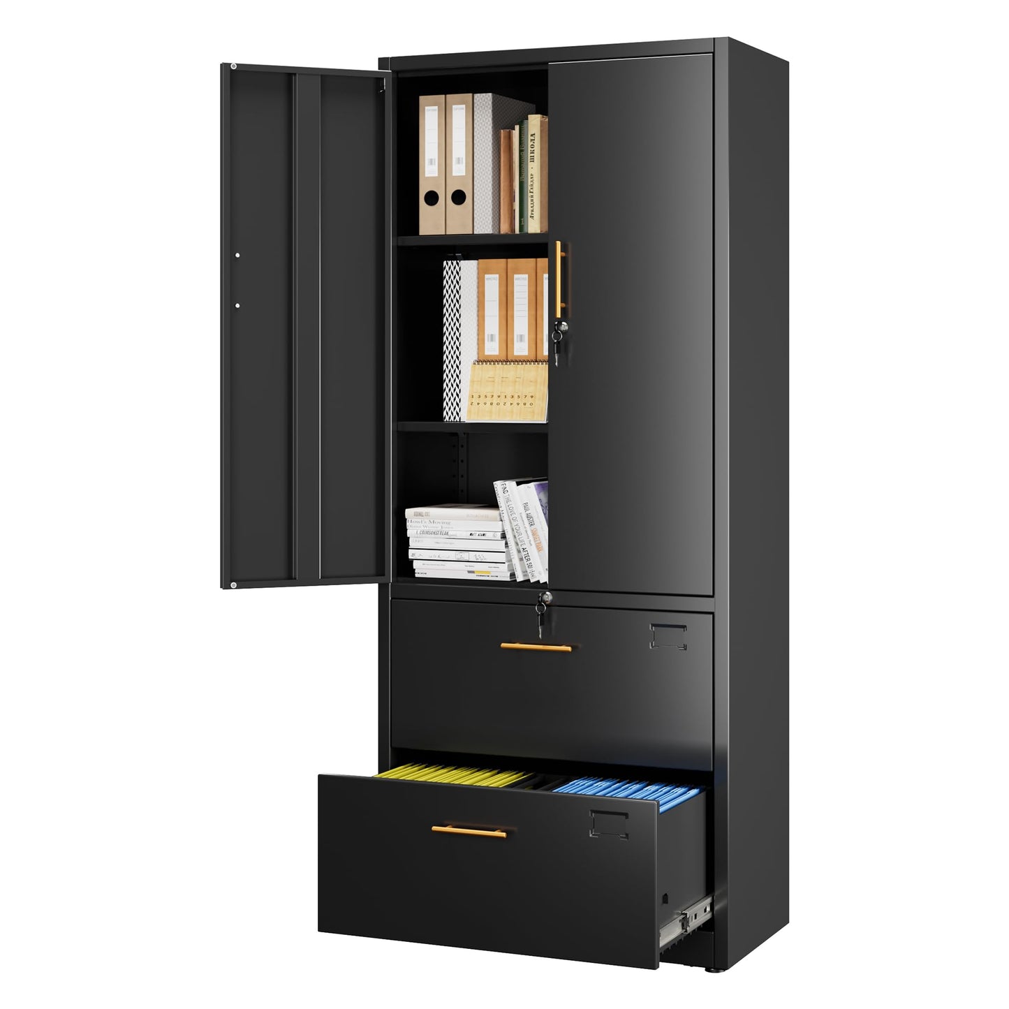 Reemoon Office File Cabinet with 2 Drawers,Metal Filing Cabinet with Doors for Home Office School for Hanging Letter/Legal/F4/A4 Size Folders,Required Assembly,Black