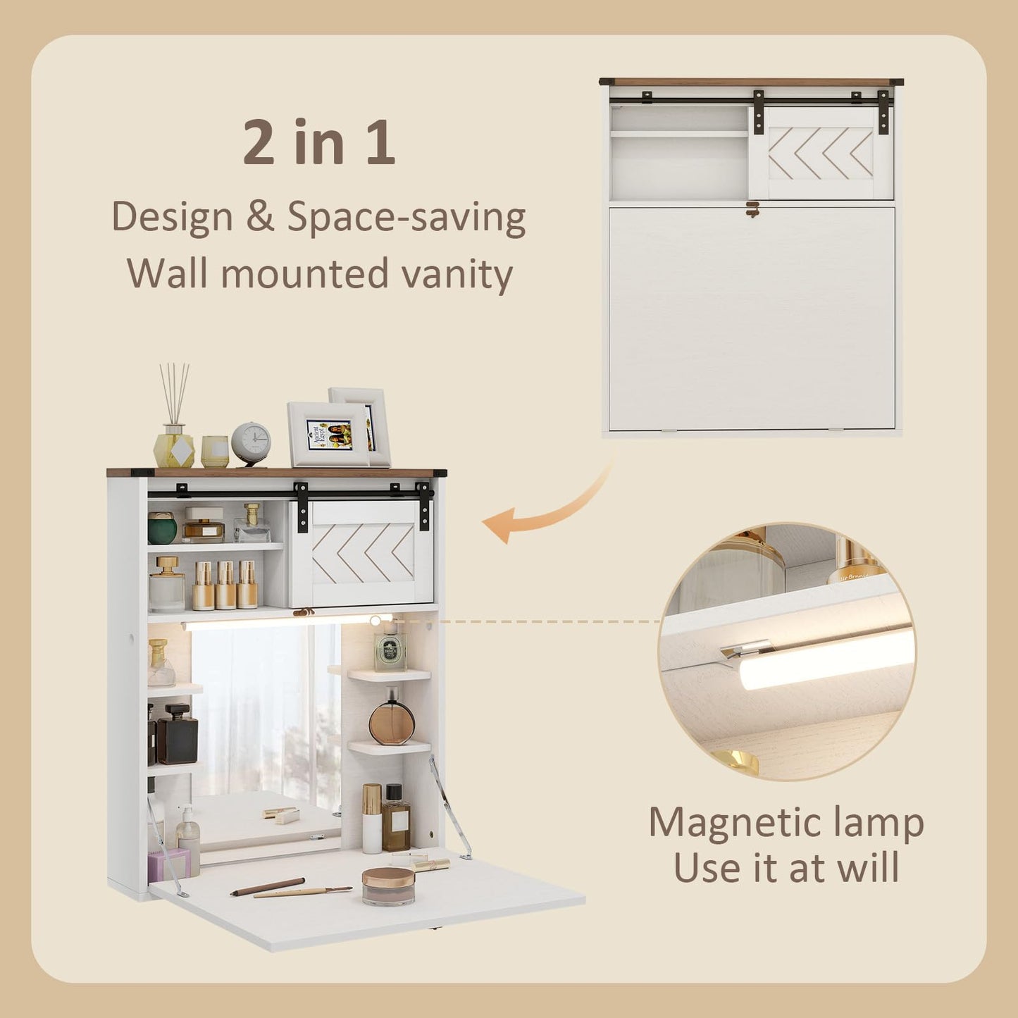 ARTETHYS Floating Vanity Desk with Mirror and Lights Small Wall Mounted Makeup Set with Storage White Farmhouse Dressing Table for Tiny Space