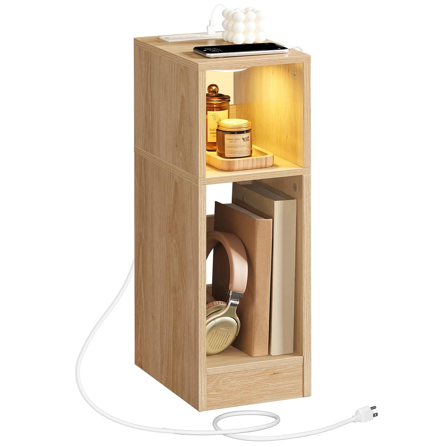 MAHANCRIS Narrow Nightstand, Slim End Table with Charging Station and LED Sensor Light, Modern Side Table, Bedside Table, for Small Spaces, Living Room, Bedroom, Natural ETNA25E01