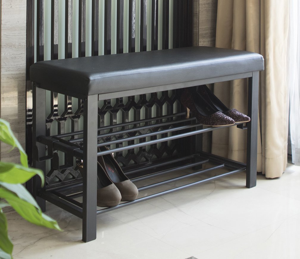 Finnhomy Entryway Shoe Rack with Cushioned Seat, Shoe Bench for Entry, 2 Shelves Storage Bench w/Faux Leather Top Bed Bench, Black