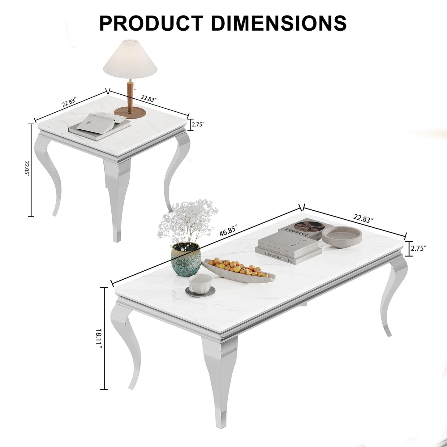 SSLine Modern 3 Piece Living Room Table Set, Includes 1 Coffee Table & 2 End Tables, Luxury Faux Marble Coffee End Table Set with S-Shape Stainless Steel Legs (White Marble& Silver3)