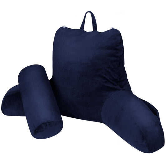 COOLBEBE Reading Pillow for Bed Backrest Pillow for Bed Sitting Up Adult with Arms Navy Back Support Pillow with Headrest & Pockets, Removable Washable Cover and Detachable Neck Roll(Extra Large 27")