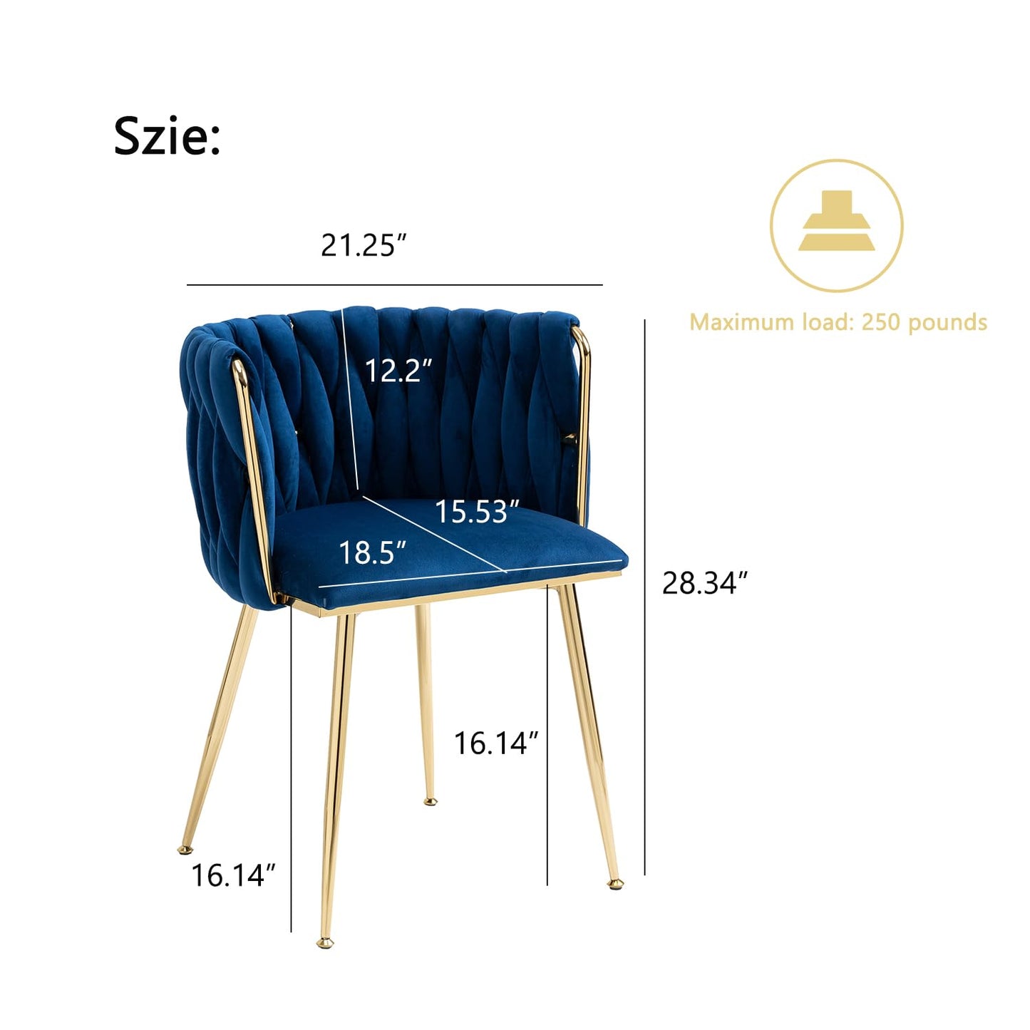 Nrizc Woven Dining Chairs Set of 4, Velvet Upholstered Dining Chairs with Gold Metal Legs, Modern Accent Chairs for Living Room, Dining Room, Kitchen (Blue)
