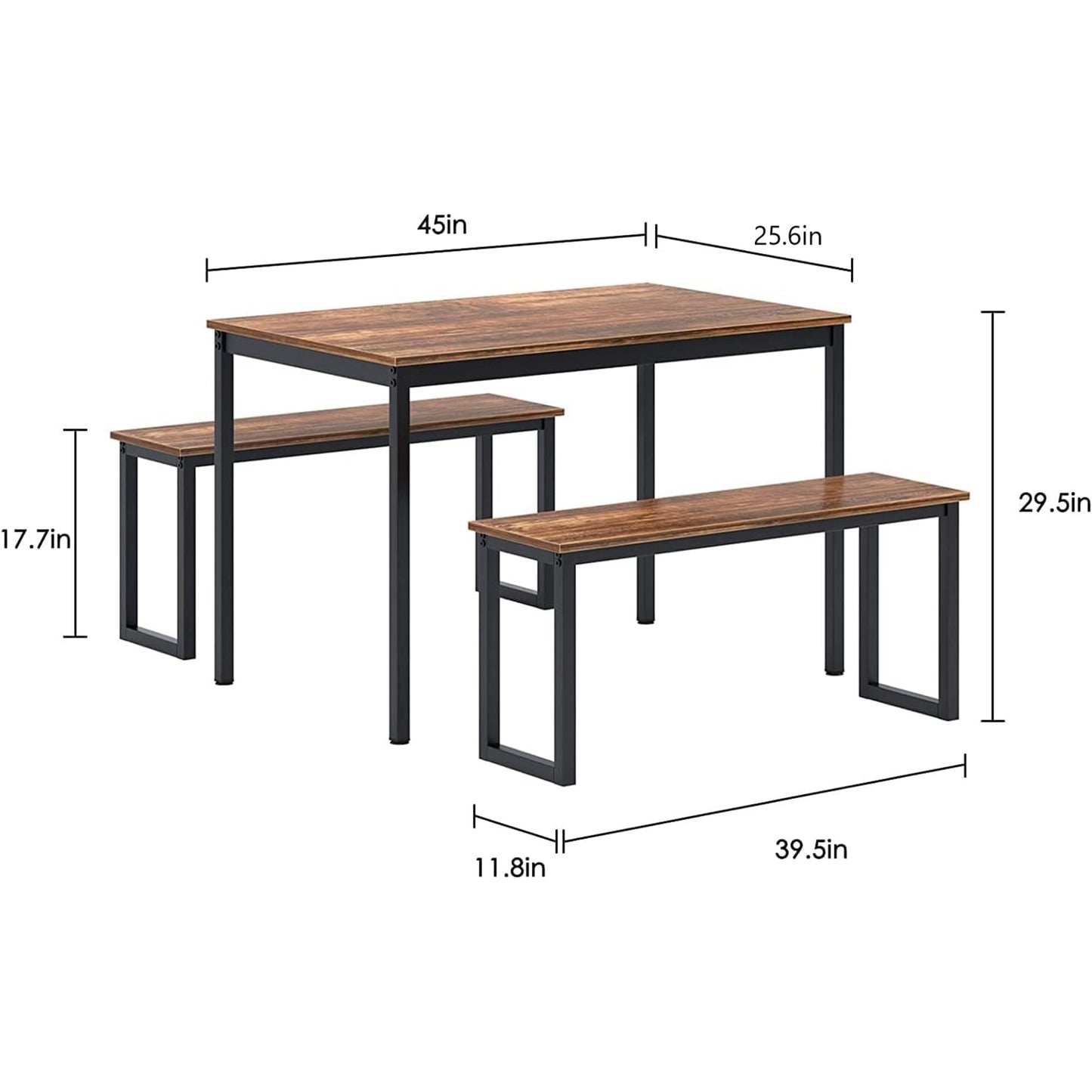 soges 3 PCS Dining Table Set for 4 with 2 Benches, Soho Dining Table and Chairs Set, Industrial Kitchen Table and Chairs Kitchen Breakfast Table Set, Dining Set with Metal Frame, Brown