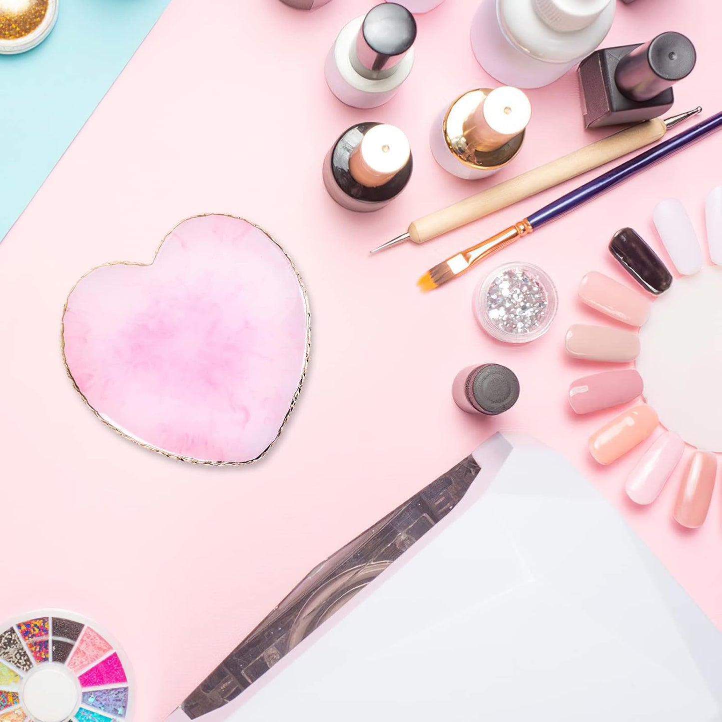 Resin Nail Art Palette Nail Mixing Palette Polish Color Mixing Plate Golden Edge Nail Holder Display Board Heart Shape Cosmetic Mixing Tools (Pink)
