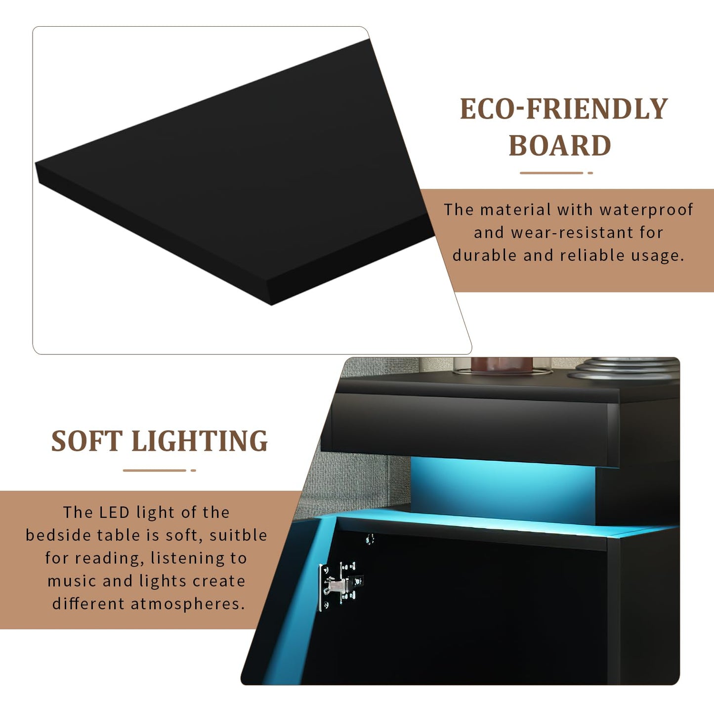 oneinmil Nightstand Set of 2 with LED Lights,Night Stand with Storage Cabinet for Bedroom,Bedside Table with LED, Black