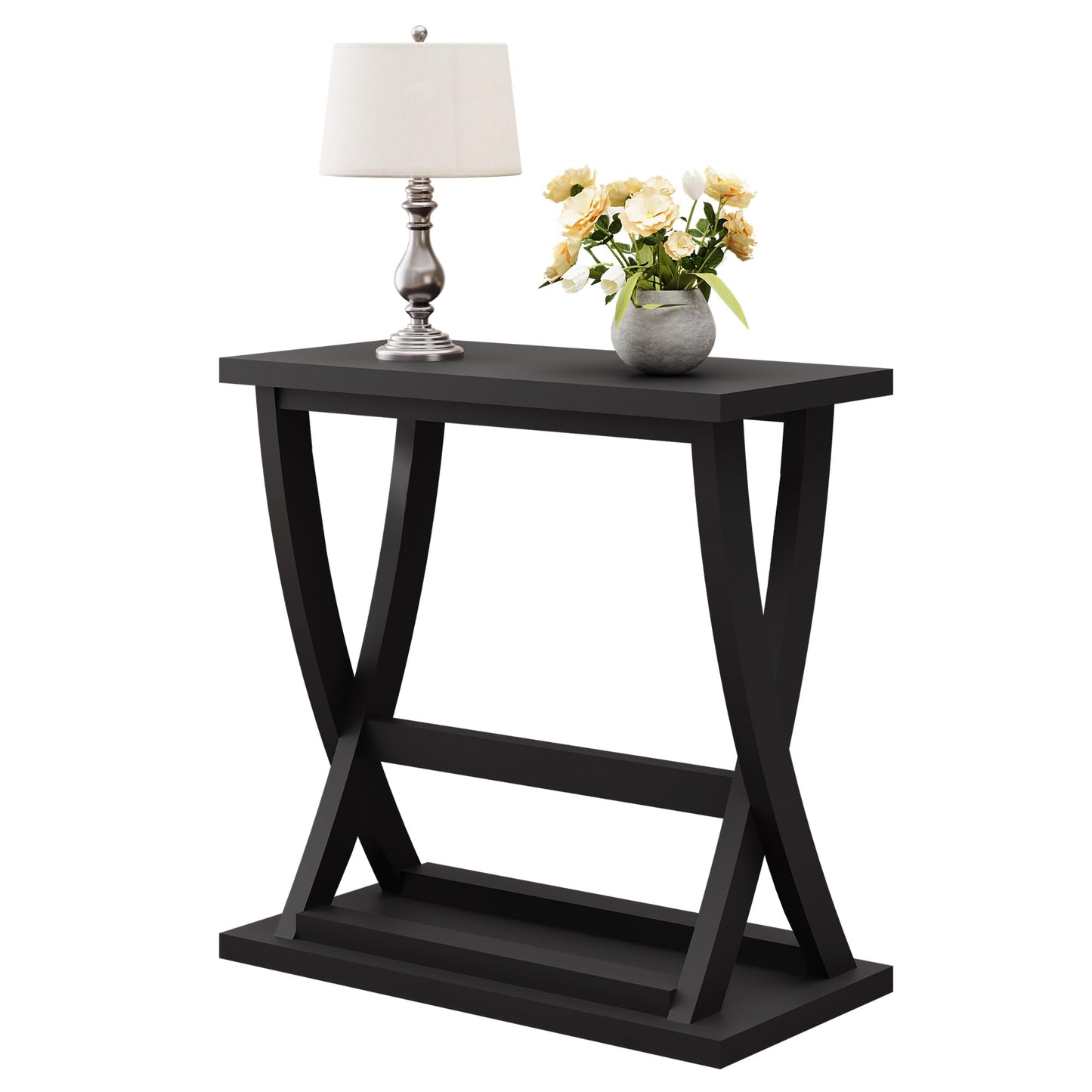 ChooChoo Black End Table, Narrow Side Table with Storage Shelf, Modern X-Design Slim End Table for Living Room,Bedroom, Small Space, 11.8" D*23.6" W*23.4" D