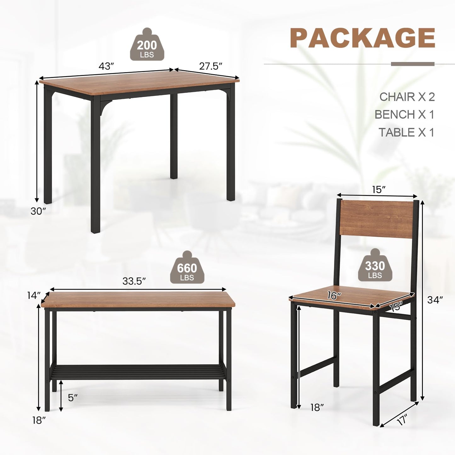 ReunionG Dining Table Set for 4, Modern Dinette with 1 Bench & 2 Chairs, Storage Shelf, 4-Piece Kitchen Table for Small Space, Apartment, Dining Room, Restaurant (Rustic Brown)
