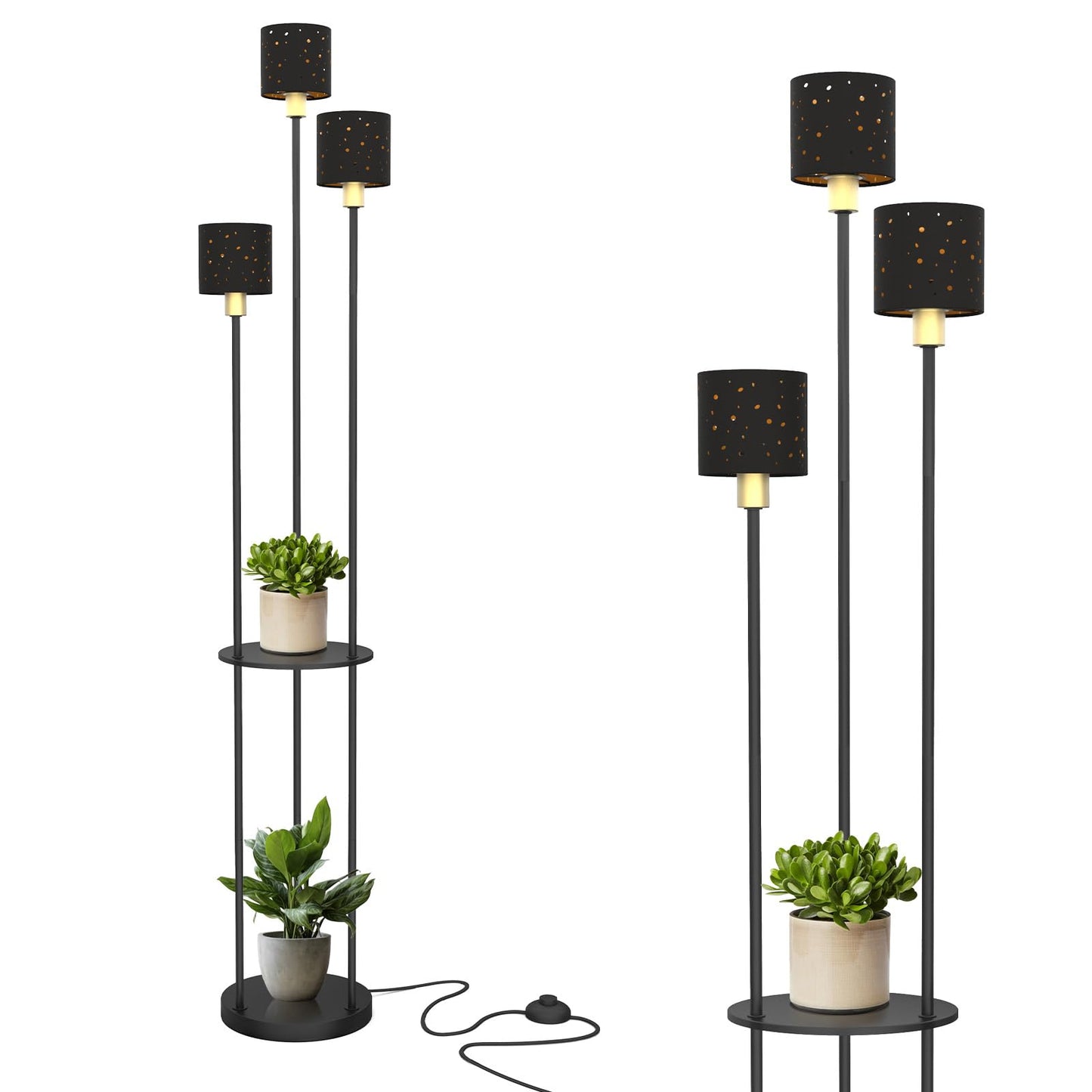 Modern Black Floor Lamp with 3 Lights Standing Shelves for Living Room and Bedroom Tall Standard