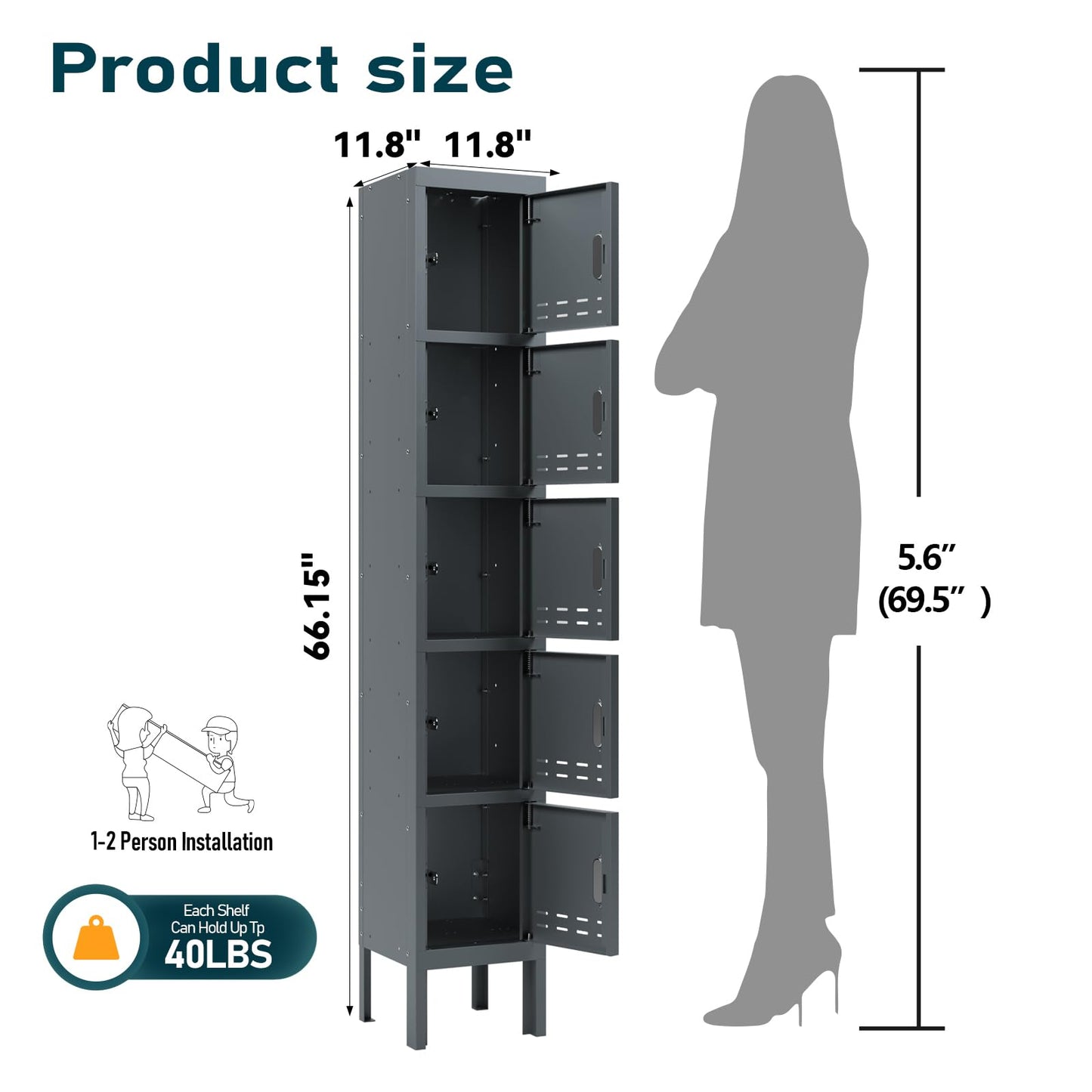 BUTISOW Metal Locker with 5 Doors,Lockers for Employees,66'' Steel Storage Locker for School,Gym, Office, Office,Garage,Lockable Metal Storage Cabinet with Hooks,Card Slots,Requires Assembly