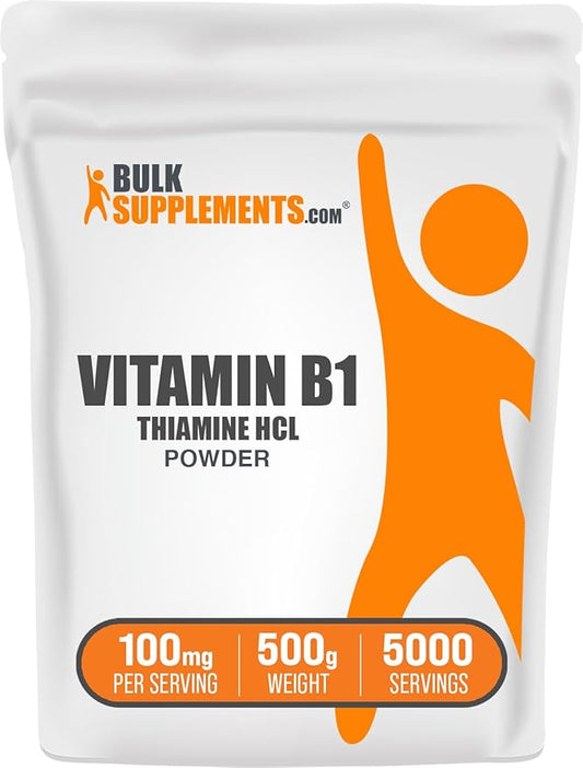 BulkSupplements Thiamine HCl Powder - Thiamine Hydrochloride, B1 Vitamins, Thiamine B1 Supplement, Thiamine 100mg - Gluten Free, 100mg per Serving, 500g (1.1 lbs) (Pack of 1)