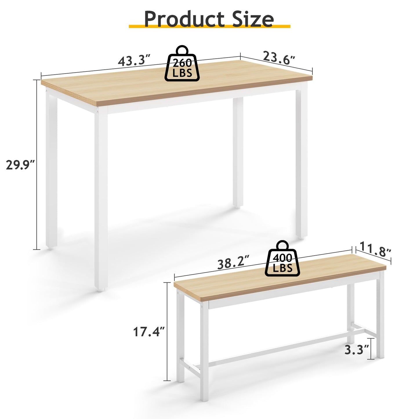 Rovibek 43" Dining Table Benches Set for 4, Modern Space Saving Kitchen Table Chairs & Adjustable Feet Breakfast Table 2 Benches, Wooden Industrial Style Farmhouse, White