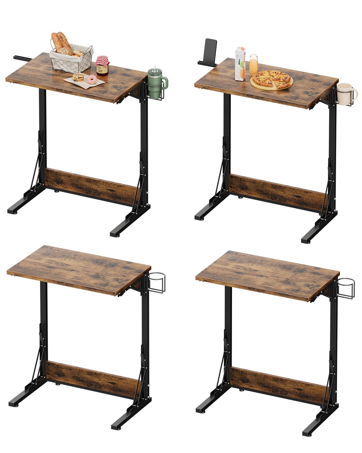 Tatub 24" Folding TV Tray Table Set of 4, Foldable C Shaped End Table for Couch, TV Dinner Tray with Cup Holder, Small Sofa-Side Laptop Desk for Living Room Bedroom, Light Brown