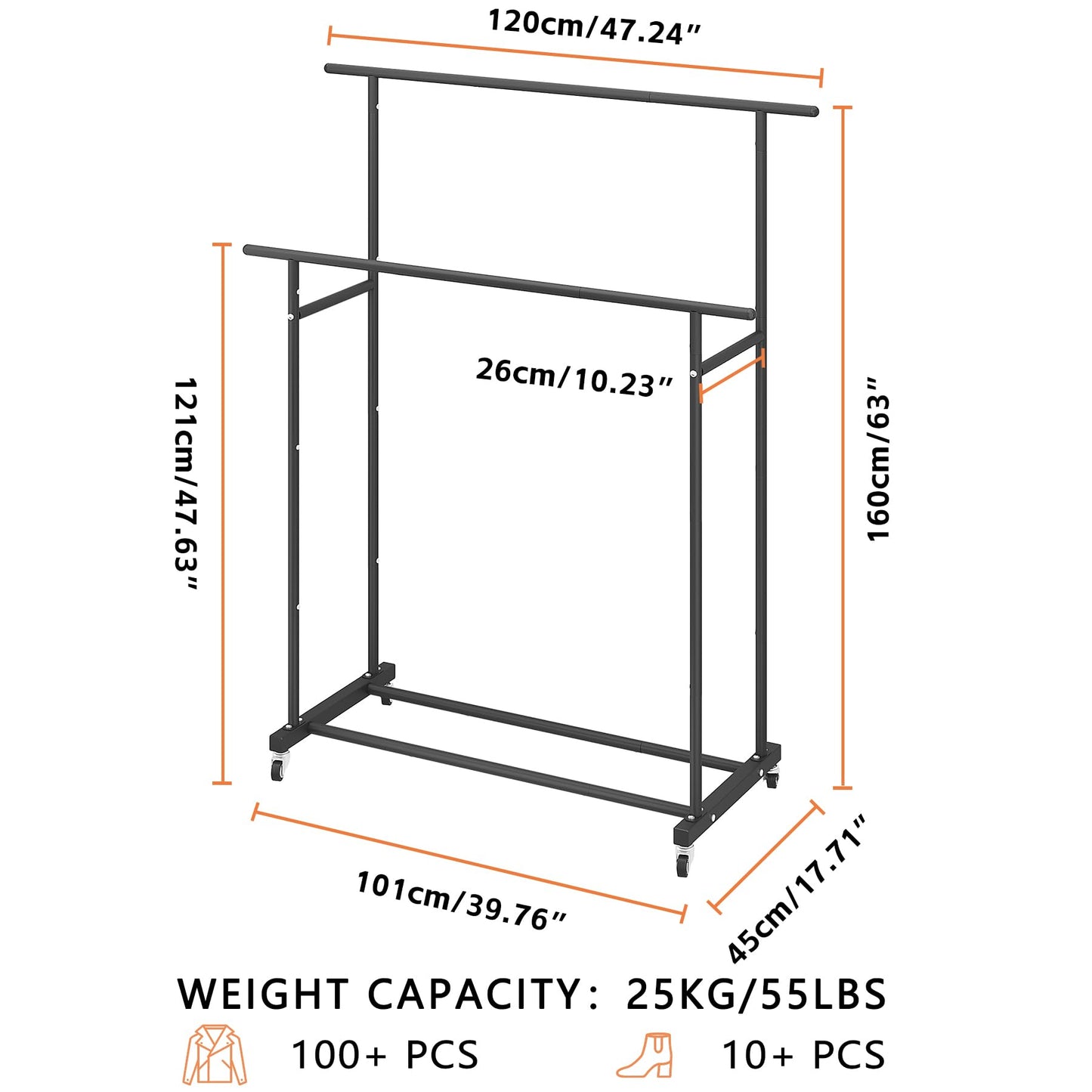 Calmootey Double Rod Clothing Garment Rack,Rolling Hanging Clothes Rack,Portable Clothes Organizer for Bedroom,Living Room,Clothing Store,Black