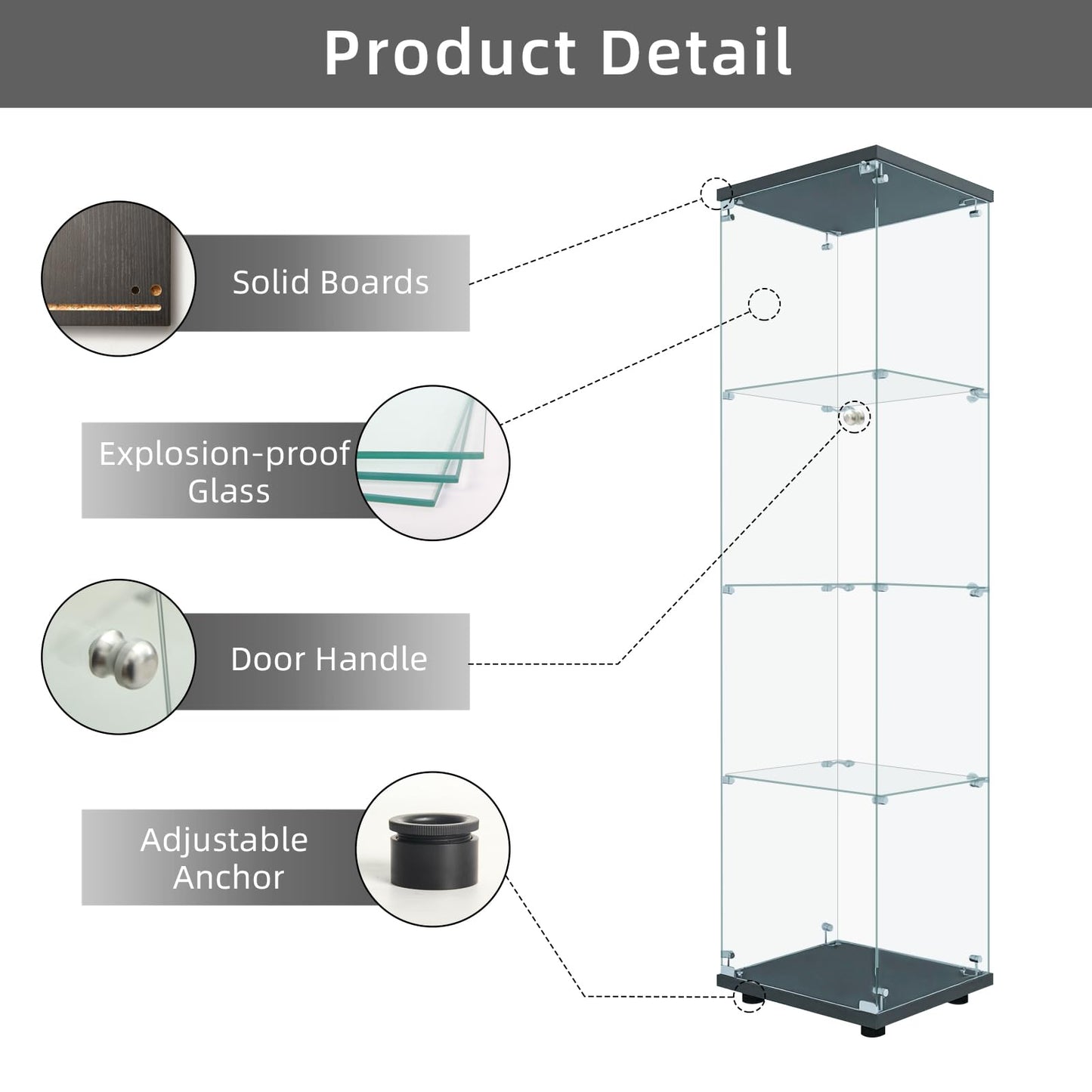 LFT HUIMEI2Y Glass Display Cabinet 4-Shelf with Door and Lock, Curio Cabinets Upgraded Quick-Install Style Tempered Glass Floor Standing Bookshelf for Bedroom, Living Room 65”x 17”x 14” Black