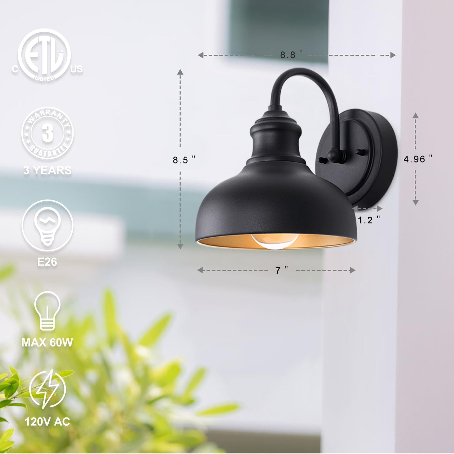 GOALPLUS Black Outdoor Gooseneck Lighting for Barn 7 Inch Farmhouse Exterior Light Fixtures with Wall Mount, Small Porch Light with Brass Interior, Outside Gooseneck Wall Sconce for House Garage Patio