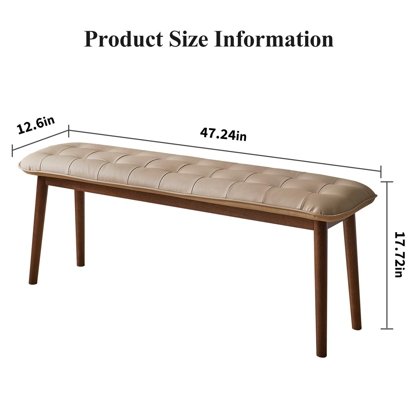 Cttasty Entryway Bench, Solid Wood Dining Bench, Midcentury End of Bed Bench with PU Leather Padded Seat, Bedroom Bench, 47.24" L x 12.6" W x 17.72" H (Beige)