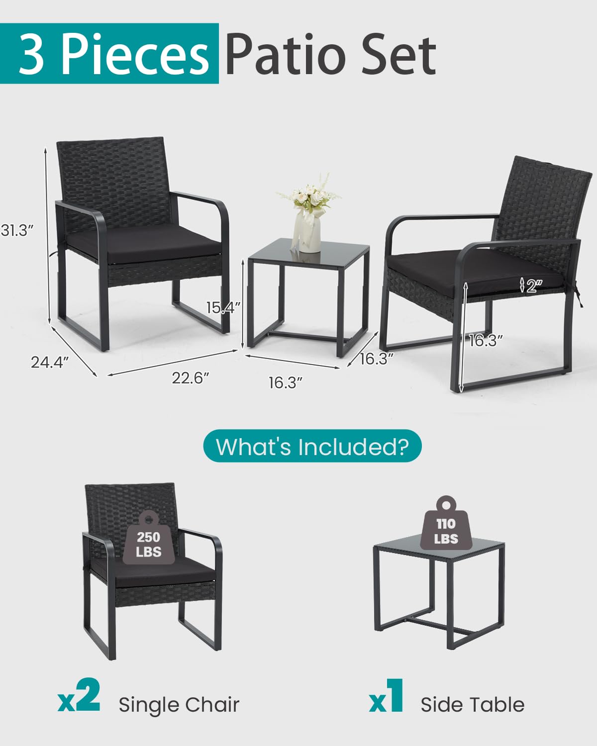 Bezseller 3 Piece Outdoor Patio Furniture Set, Patio Bistro Set Wicker Conversation Set, Modern Rattan Chair with Glass Coffee Table for Backyard, Porches, Poolside, Lawn and Balcony