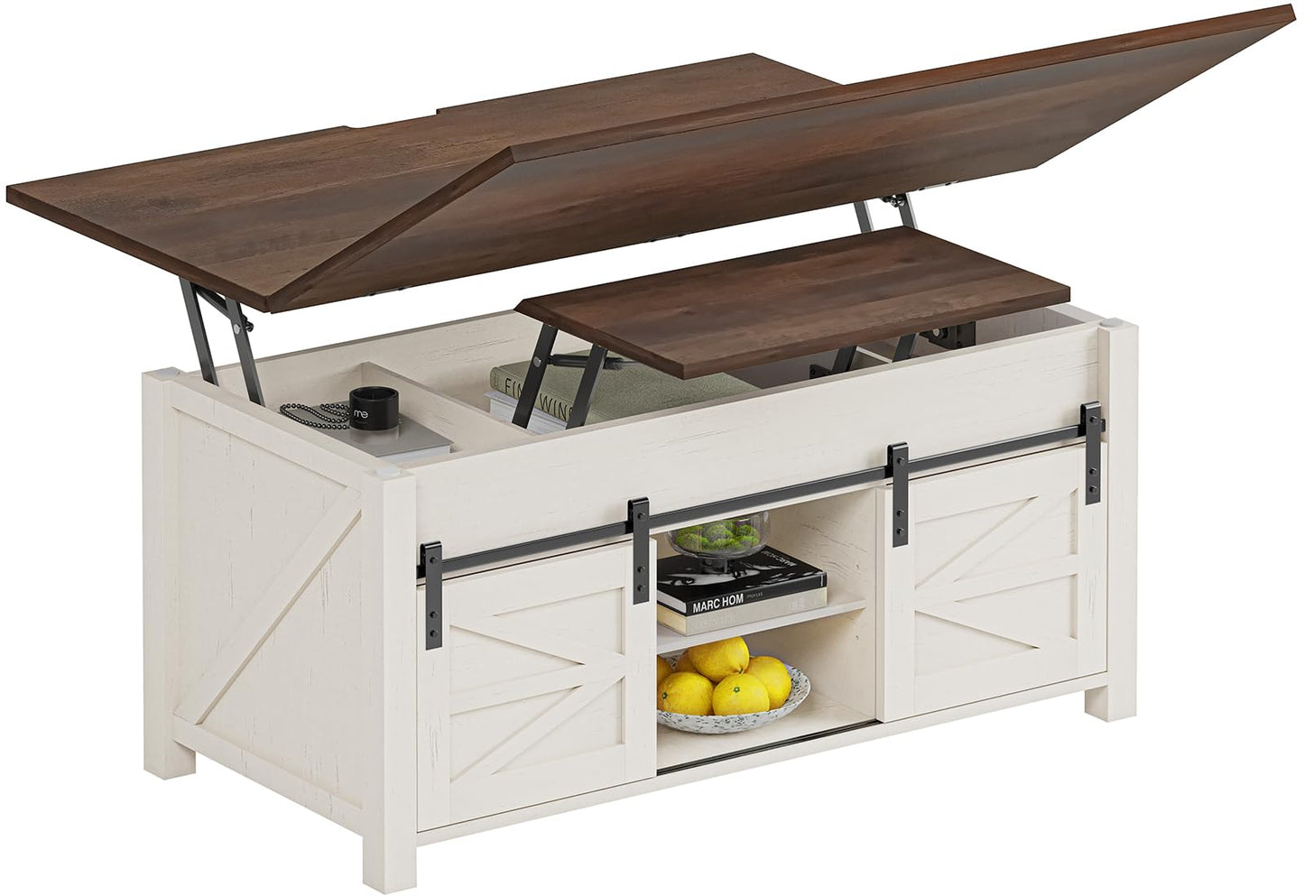 UPOSOJA Lift Top Coffee Table for Living Room with 4 Sliding Barn Doors, 4 in 1 Farmhouse Coffee Table with Adjustable Shelves and Hidden Storage Compartment, Converts to Dining Table (Brown White)