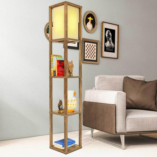 AMZSTAN 62" Floor Lamp with 3 Tier Shelves for Living Room, Wood Floor Lamps with Linen Shade, Corner Display Standing Column Storage Lamp for Farmhouse Bedroom