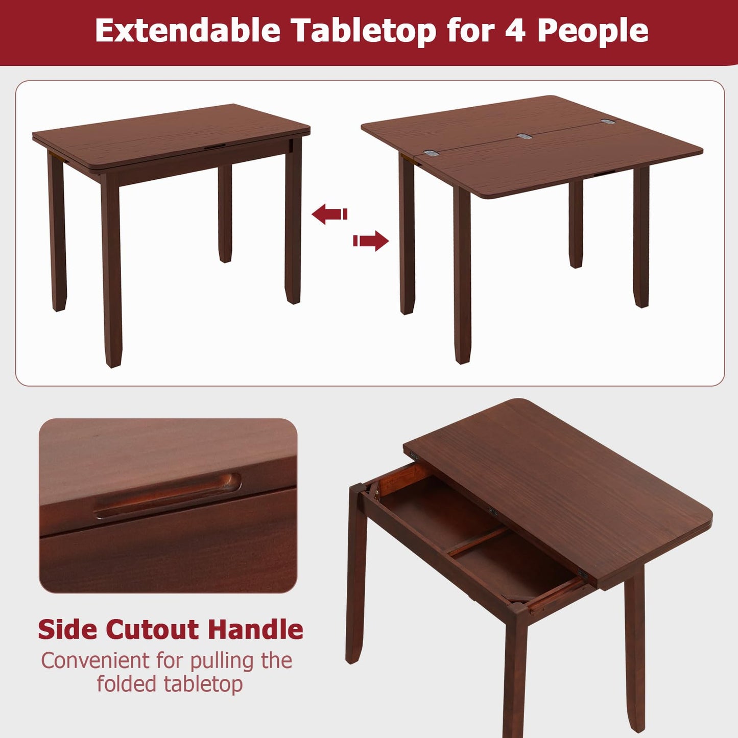 Tangkula 40" Foldable Dining Table, Kitchen Table w/Solid Rubber Wood Legs, Dual Drop Leaf Design, Farmhouse Diner Table for 2-4 People, Dining Room, Living Room, Restaurant (Rectangle)
